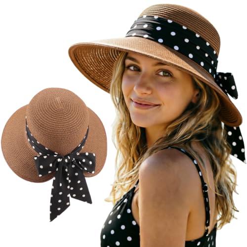 DRESHOW Sun Hats for Women Travel Fedora Foldable Beach Sun Hat Summer Wide Brim Straw Bucket Hat with Bowknot UPF 50+ - color: 1 Pack Bowknot Straw Hat: Coffee (Black Polka Dot Band)