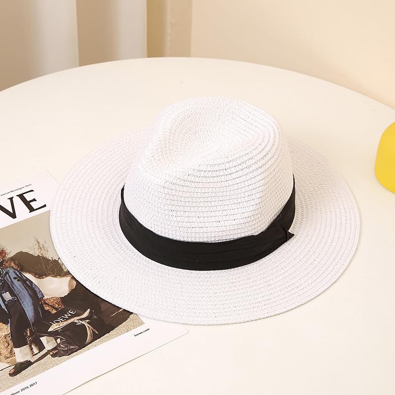 Unisex Adjustable Summer Straw Fedora Hat Sun Cap Panama Wide Brim For Beach Summer Outdoors Camping Supplies - color: White