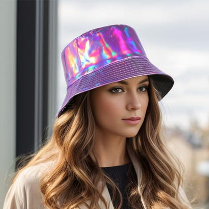 MILAKOO Rave Hologram Metallic Bucket Hat Reversible Cap Reflective Waterproof Rain Fisherman Hat - color: D: Purple