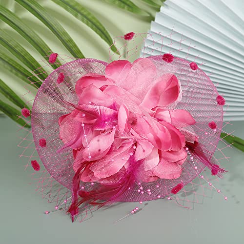 JWICOS Fascinators Hat for Women 50s Flower Hat with Veil Cocktail Wedding Tea Party Church Derby Hat - color: Rose