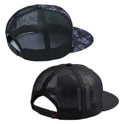 BASSDASH 2 Pack Flat Brim Trucker Cap Adjustable Snapback Hat Mesh Back for Men Women Fishing Hunting - color: Pack of 2,night Digital Camo & Black/Fish Flag