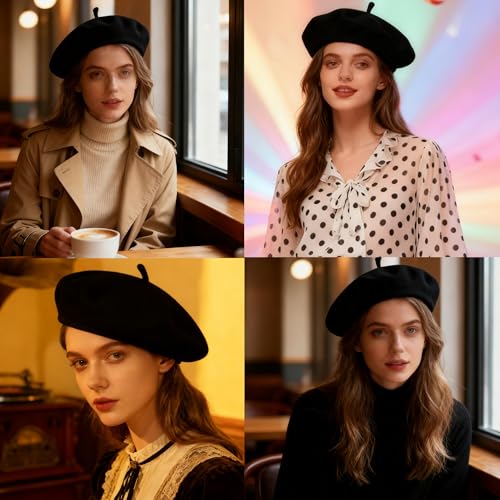 Womens Wool French Beret Chic Solid Beanie Hat Stretchable Classic Beret - color: Solid Black