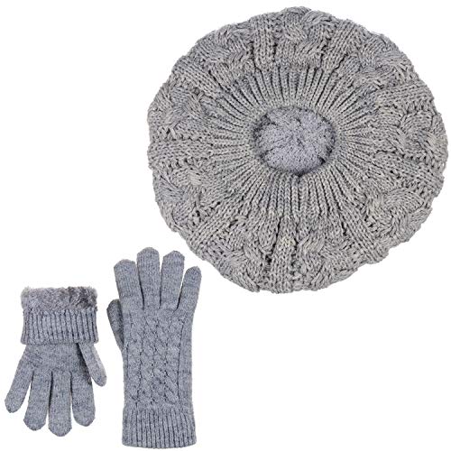 BYOS Womens Winter Cozy Cable Fleece Lined Knit Beret Beanie Hat (Set Available) - color: Heather Gray Hat Gloves Set
