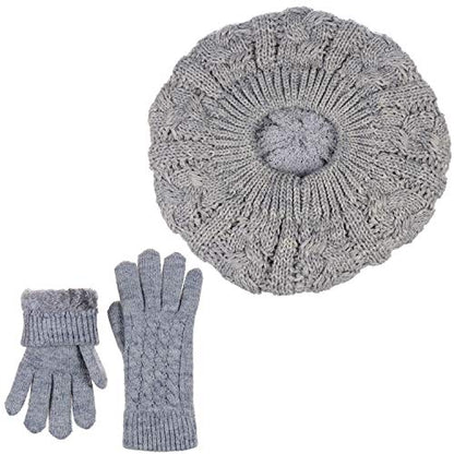 BYOS Womens Winter Cozy Cable Fleece Lined Knit Beret Beanie Hat (Set Available) - color: Heather Gray Hat Gloves Set