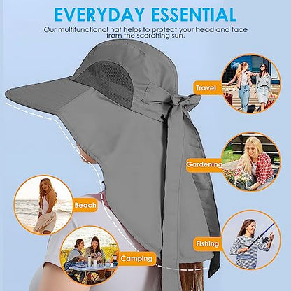 Womens Sun Hat UV Protection, Foldable Waterproof Wide Brim Bucket Hats with Neck Flap for Summer Beach Fishing Hiking - color: Drak Grey