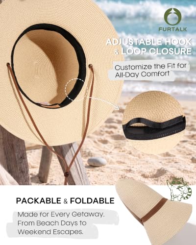FURTALK Womens Wide Brim Sun Hat with Wind Lanyard UPF Summer Straw Sun Hats for Women - color: Ad-beige, size: Large-X-Large