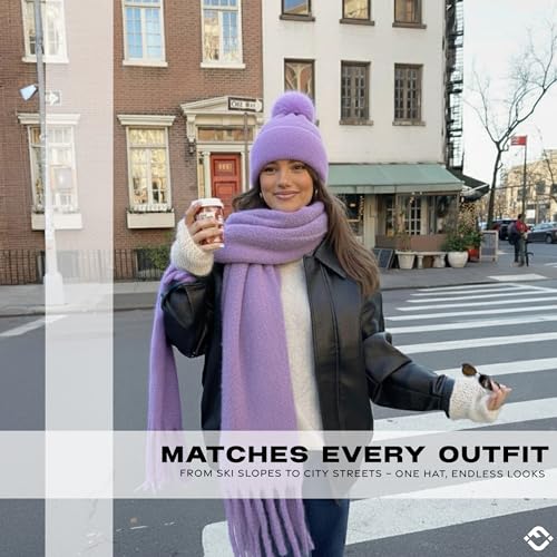Funky Junque Beanie for Women Ultra Soft Chenille Faux Fur Pom Pom Winter Hats Warm Ski Cap Fashion - color: Lavender