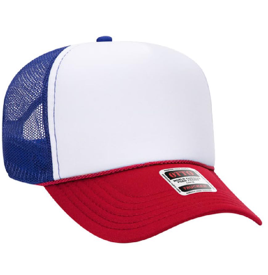 Otto Cap 5-Panel Mid Profile Mesh Back Trucker Hat, OS - color: Red/White/Royal