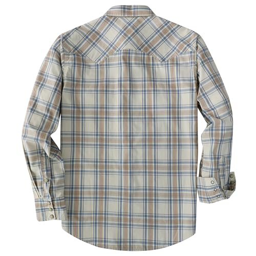 Dubinik® Pearl Snap Shirts for Men Long Sleeve Lightweight Casual Western Plaid Cowboy Cotton Vintage Work Shirt - color: Beige and Blue, size: Large