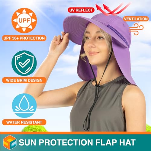 SUN CUBE Womens Sun Hat UPF 50+ with Ponytail Hole & Neck Flap - color: Purple