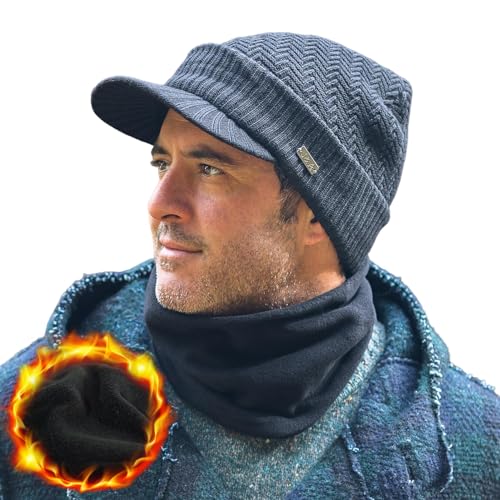 TOP-EX PolarWool™ Fleece Lined Oversized XL XXL Winter 2 Piece Knitted Hat & Scarf Set Visor Beanie Ear Flap Cold Weather - color: Te69311_navy, size: X-Large