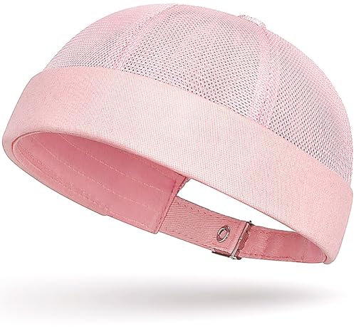 Mens Mesh Brimless Cap with No Brim, Summer Docker Cap Beanie Hat Flip Sailor Skullcap Breathable - color: Pink