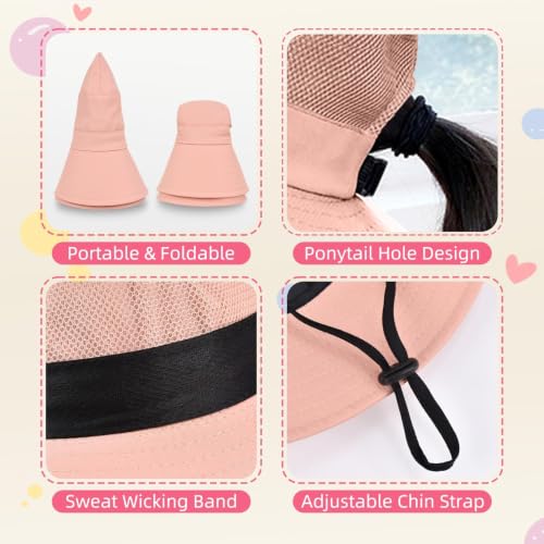 ZOORON Kids Girls Ponytail Sun Hat UPF 50+ Breathable Mesh Water-Resistant - color: Solid Pink