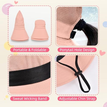 ZOORON Kids Girls Ponytail Sun Hat UPF 50+ Breathable Mesh Water-Resistant - color: Solid Pink