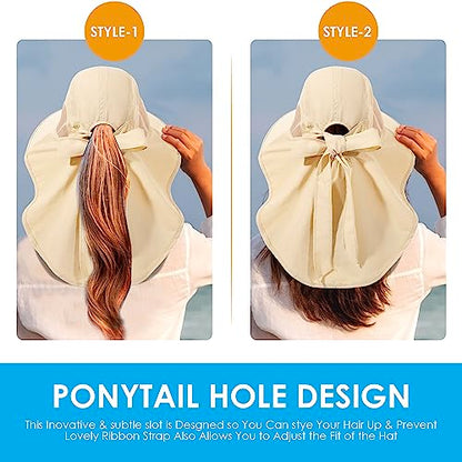 Womens Sun Hat UV Protection, Foldable Waterproof Wide Brim Bucket Hats with Neck Flap for Summer Beach Fishing Hiking - color: Beige