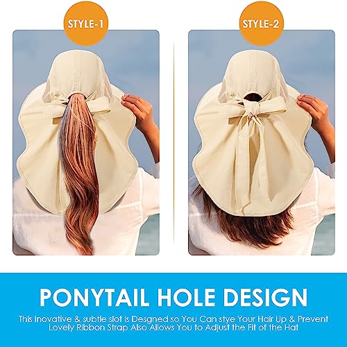 Womens Sun Hat UV Protection, Foldable Waterproof Wide Brim Bucket Hats with Neck Flap for Summer Beach Fishing Hiking - color: Beige