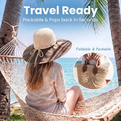 Women’s Packable Sun Hat, Wide Brim Foldable Beach Hat, UPF 50+ UV Protection Travel Summer Hat with Adjustable Fit - color: Khaki