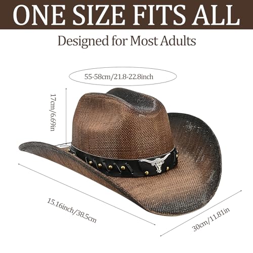 Straw Cowboy Hat with Western Leather Belt Set 3.75 Inches Wide Brim