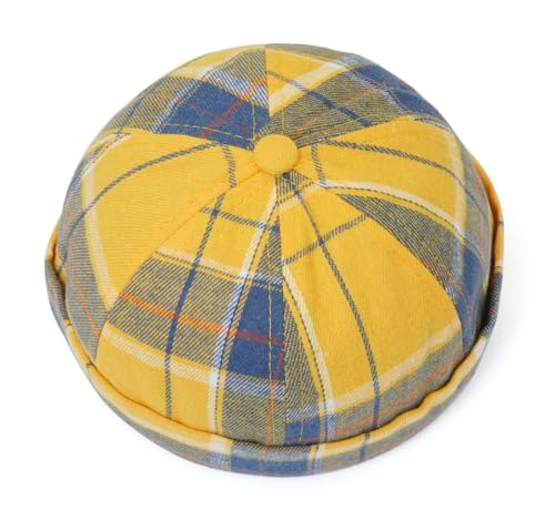 DIYDECAL Striped Plaid Brimless Worker Cap,Retro Skullcap Docker Hat for Men Womens - color: Yellow