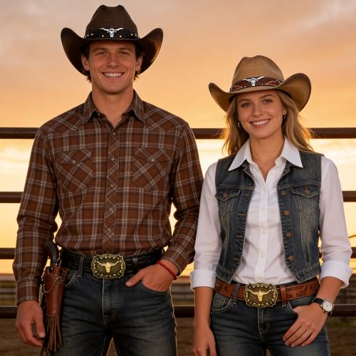 Straw Cowboy Hat with Western Leather Belt Set 3.75 Inches Wide Brim