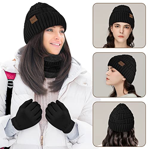 Loritta 3-Pieces Winter Hats for Women Warm Scarf Touchscreen Gloves - color: Black