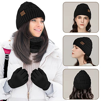 Loritta 3-Pieces Winter Hats for Women Warm Scarf Touchscreen Gloves - color: Black