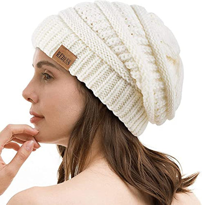 REDESS Slouchy Beanie Hat for Men and Women Winter Warm Knit Hat Chunky Soft Oversized Cable Cap - color: A4 White