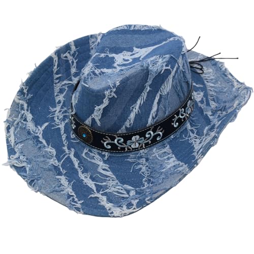 Western Cowboy Hat for Man Women Classic Cowgirl with Buckle Belt Shapeable Wide Brim Outback Hat - color: Blue