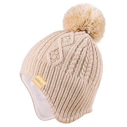 Kids Winter Beanie Hat and Scarf Set with Pom Pom for Girls, Children's Thick Ski Cap with Earflap Fleece Lined Hat 3-9 Years - color: Beige