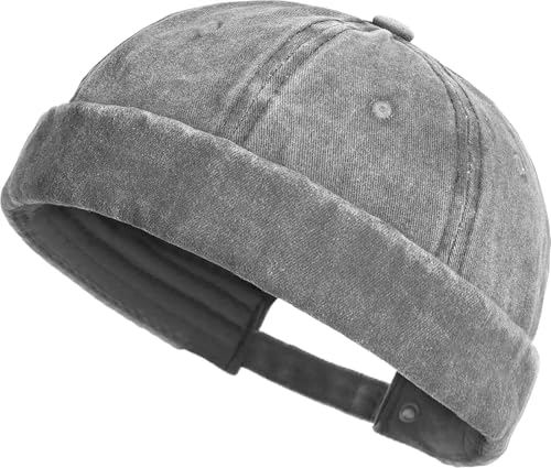 XYIYI Washed Cotton Brimless Hats for Men Vintage Docker Beanie Cap Rolled Cuff Skullcap - color: Grey