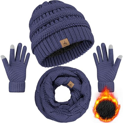 LOROME Winter Beanie Hat Scarf Gloves, Warm Fleece Knit Neck Scarf Set Gift - color: Denim Blue