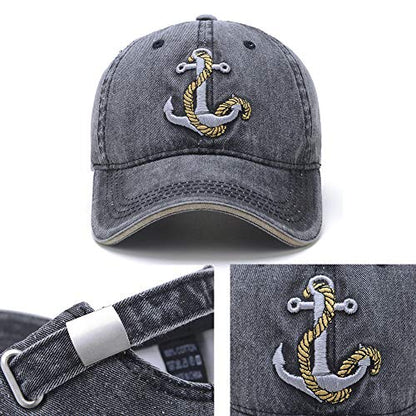 Anchor Embroidered Cotton Washed Dad Hat Distressed Retro Baseball Hat - color: Black