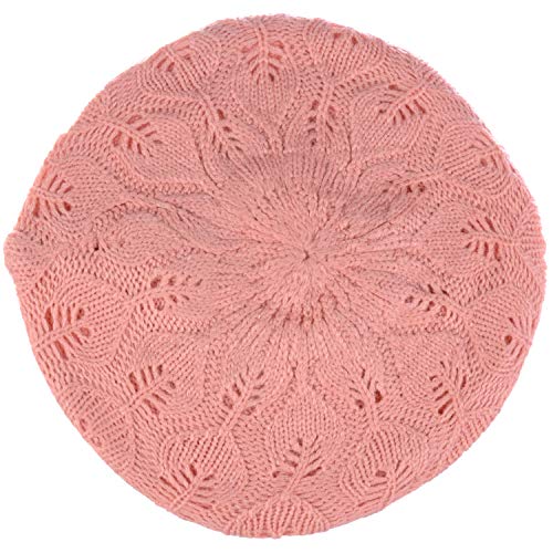 BYOS Women Mid-Weight Slouchy Leafy Cutout Crochet Soft Knit French Beret Hat - color: 2-pack-pink & Bk