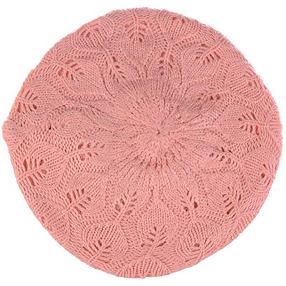 BYOS Women Mid-Weight Slouchy Leafy Cutout Crochet Soft Knit French Beret Hat - color: 2-pack-pink & Bk
