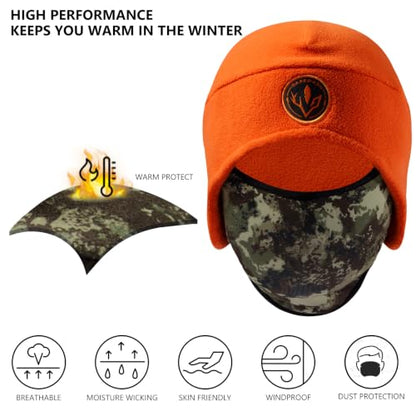 BASSDASH Unisex Soft Fleece 2-in-1 Hat with Mask Ear Flap - color: Orange & Grunge Camo