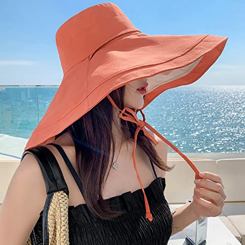 HUAMULAN Women Summer Vacation Wide Brim Sun Hat Reversible Fishing Hats - color: Orangebeige