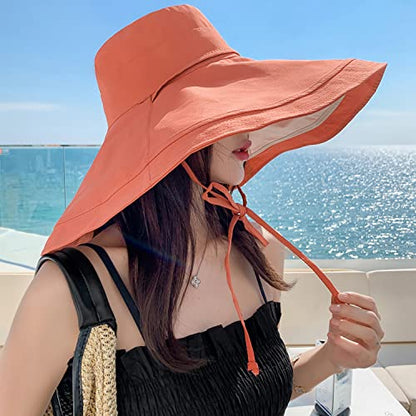 HUAMULAN Women Summer Vacation Wide Brim Sun Hat Reversible Fishing Hats - color: Orangebeige
