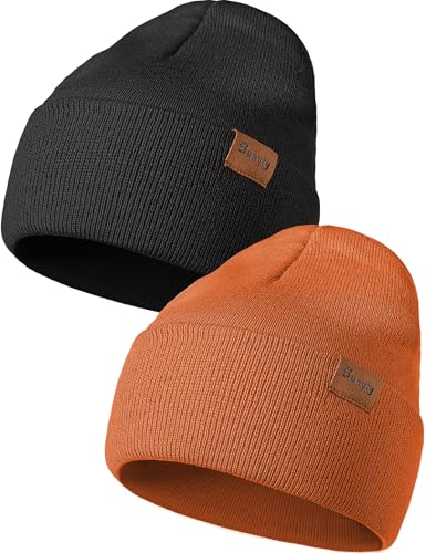 Beanie Hats for Men Women Knit Winter Hat, Warm Skull Stocking Cap, Striped Snow Hat Heated Cuffed Beanie - color: 2p-black+brown