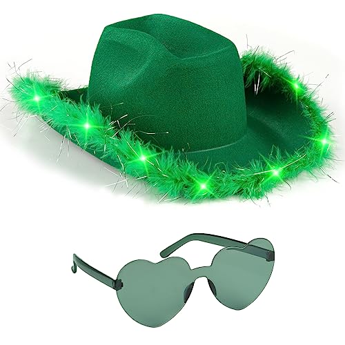 Funcredible Light Up Cowboy Hat and Glasses – LED Cowgirl Hat with Feathers – Cowgirl Costume Accessories for Women - color: Green