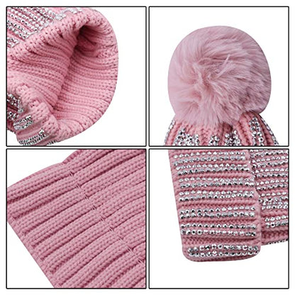 Women Girls Winter Sequin Beanie Hat with Faux Fur Pom Pom Knit Skull Cap - color: Shiny-pink