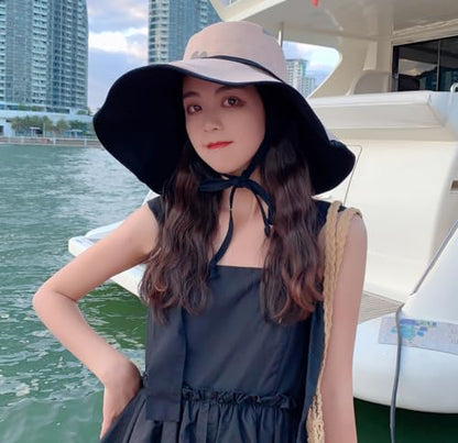 HUAMULAN Women Summer Vacation Wide Brim Sun Hat Reversible Fishing Hats - color: M0004-khakiblack