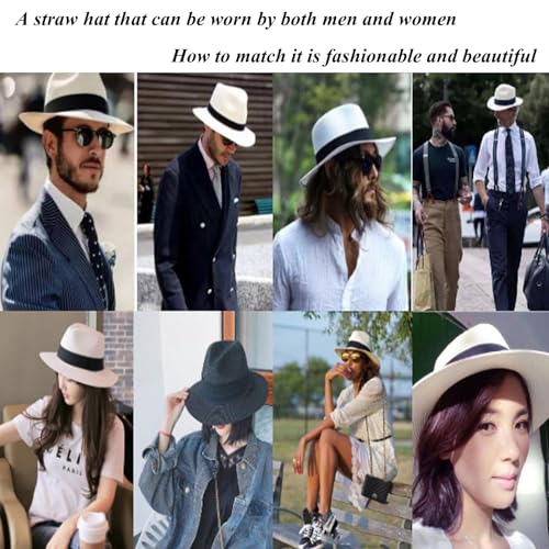 Womens Mens Wide Brim Straw Panama Hat Beach Sun Hat Summer Wide Brim Straw Roll up Hat Fisherman's UPF 50 - color: Milk White