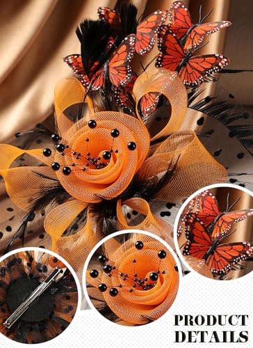 Zinniday Butterfly Derby Hat 2025 - Classic Tea Party Hats with Hair Clip, 1920s 50s Fascinators for Lady Woman - color: Black Orange