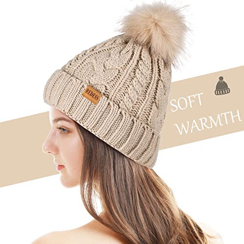 REDESS Women Winter Pompom Beanie Hat with Warm Fleece Lined Thick Slouchy Snow Knit Hat Skull Ski Cap - color: Oatmeal