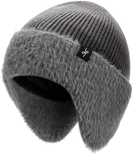 HAMUNI Winter Fleece-Lined Beanie with Earflaps, Warm Windproof Unisex Beanie Hat for Skiing, Hiking & Outdoor Winter Sports - color: Winter Gray