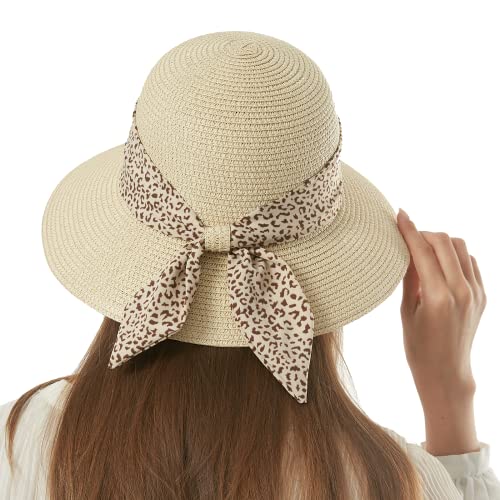 Womens Straw Sun Hat Summer Beach Wide Brim UV Protection Hats with Chin Strap Floppy Foldable Cute Bowknot UPF 50 Cap - color: Leopard Beige