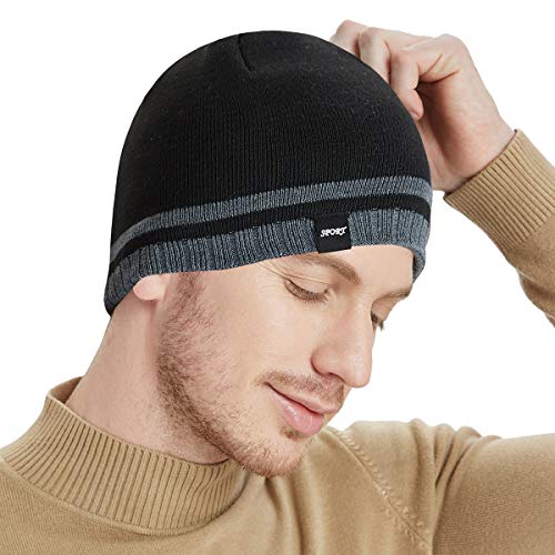 Mens Winter Beanie Hat Warm Knit Cuffed Plain Toboggan Ski Skull Cap (3 Patterns) - color: Black