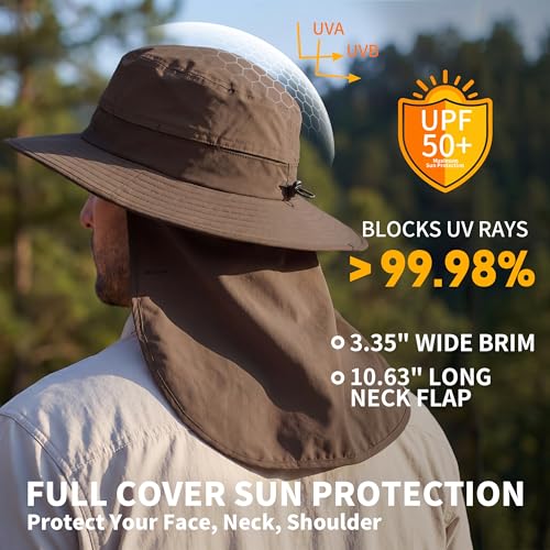 Connectyle Wide Brim Sun Hat for Men Women UPF 50+ Breathable Fishing Hat with Neck Flap Outdoor Hiking Safari Bucket Hats - color: Army Green