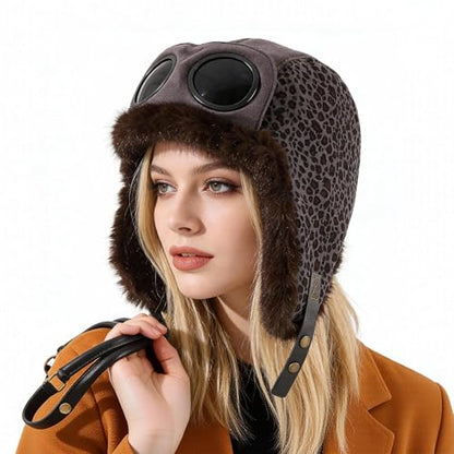 Winter Trapper Hats Leopard Aviator Hat with Goggles Earflaps Russian Trooper Pilot Cap for Men Cold Weather Ski Caps - color: Mg-lfm25121-grey