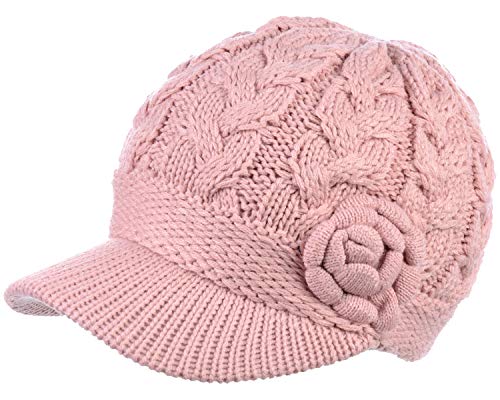 BYOS Womens Winter Chic Cable Warm Fleece Lined Crochet Knit Hat W/Visor Newsboy Cabbie Cap - color: Cable W/ Flower Pastel Pink